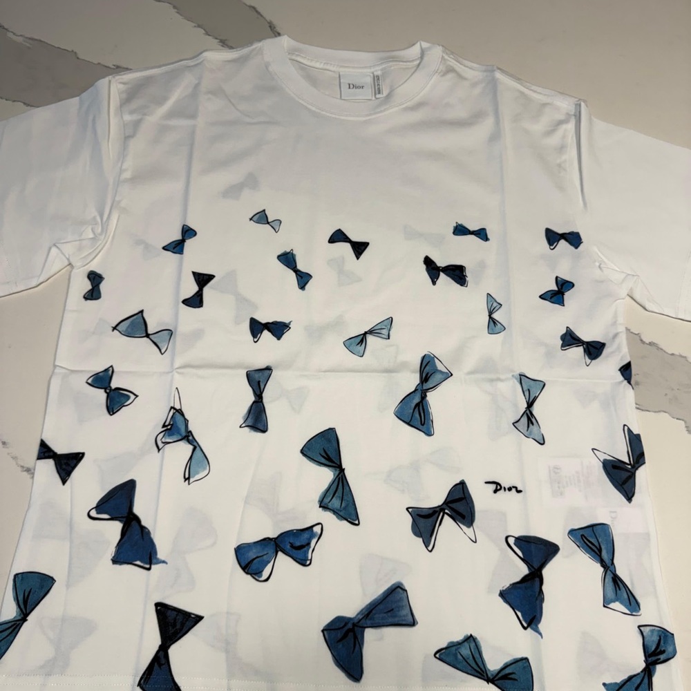 Dior White Tee with Blue Bow Print